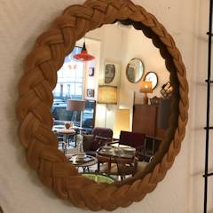 Miroir rond osier, avec large tresse en bordure, diamètre de 33,5 cm, tresse 4 cm.