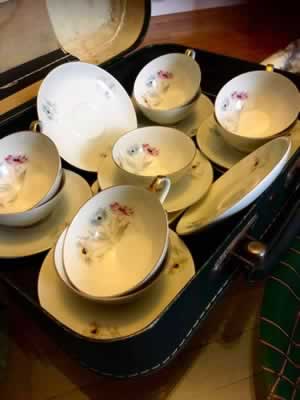 Service à café Bareuther/Bavaria, lot de 9 tasses et soucoupes en excellent état, design très élégant, grande finesse  du motif floral.