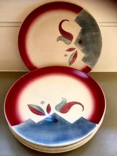 Set de 6 assiettes à dessert de la faïencerie de Sarreguemines, modèle signé Yves, excellent état, sans fêle ni ébréchure. Diamètre 19 cm.